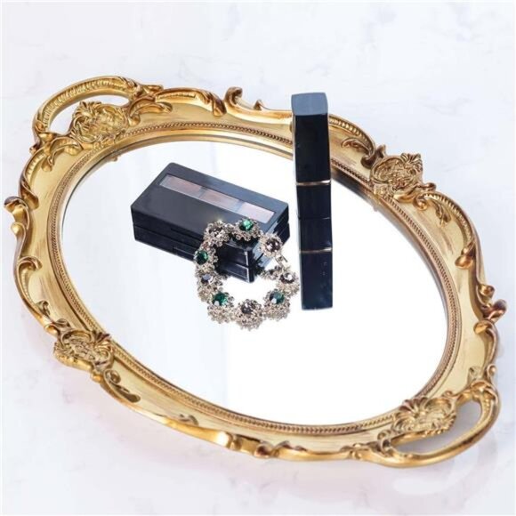 Zosenley Polyresin Ellipse Antique Decorative Mirror Tray, Makeup Organizer, - Picture 4 of 6